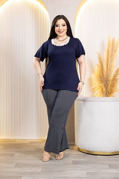şuranur Bamboo Striped Pajamas - Lycra Suit with Thin Lace Collar Detail