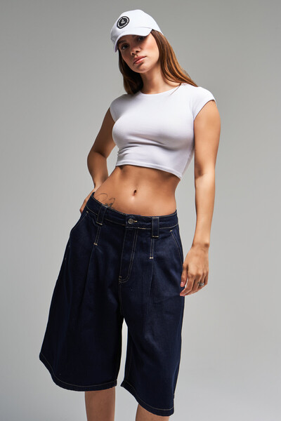 its basic Kadın İndigo Renk 7s5-50 Skater Fit Maxi Boy Bol Kesim %100 Koton Denim Bermuda Şort