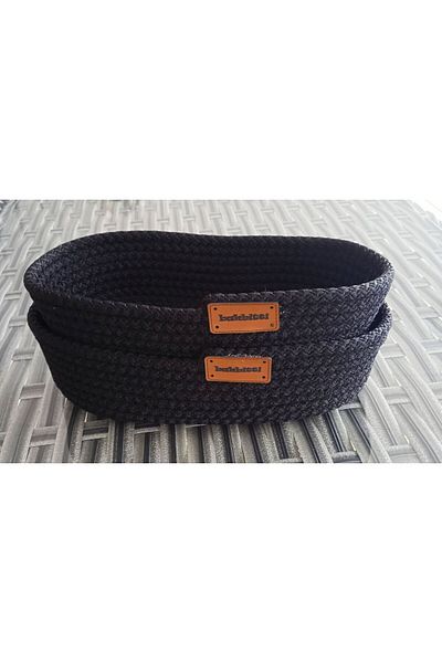 Life For You Ψάθινο 2τμχ Οβάλ Καλάθι 25*15cm Ανθρακί & Μαύρη Γιούτα Κορδόνι Πλεκτό Ράψιμο Organizer Organizer