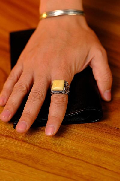 dergah tesbih Collectible Master Handcrafted Drop Amber Stone Silver Ring