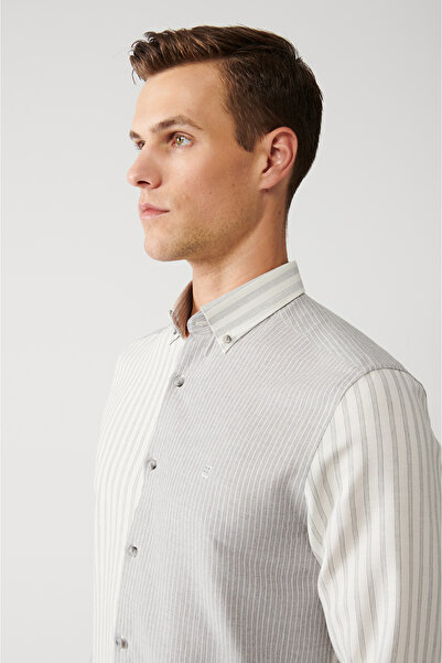Avva Men's Gray Striped 100% Cotton Viscose Blend - Easy Ironing Shirt A32Y2174