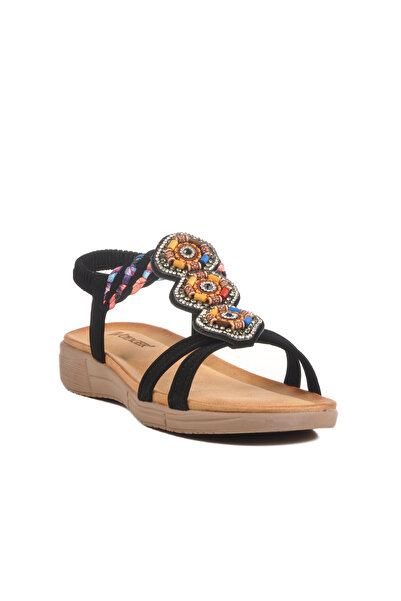 Voyager Black Genuine Leather Stone Embroidered Lightweight Women's Sandals B096 Z