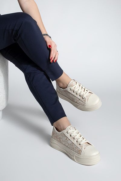 Marjin Women's Sneaker Embroidered Lace-Up Linen Sports Shoes Magis Ecru