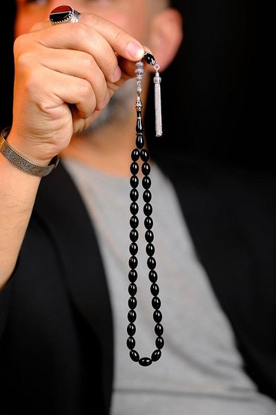 dergah tesbih Master Handcrafted Nakkaş İmame All Silver Design Black Crimped Amber