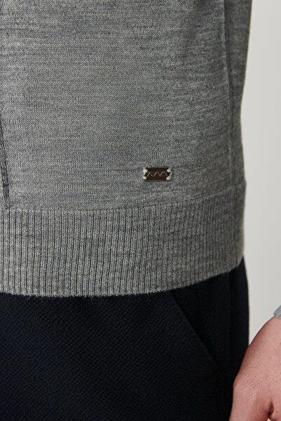 Avva Erkek Gri Fermuarlı Yün Karışımlı Çizgili Triko Kazak A32Y5094