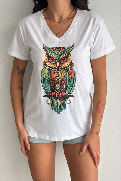 FEMELLE Tricou alb cu decolteu în V bufniță cu paiete brodat din bumbac 100%