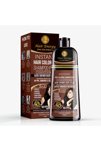 Hair Energy شامبو وبلسم لتلوين الشعر الفوري | محلول 5 في 1 | لون بني غامق | 250 مل