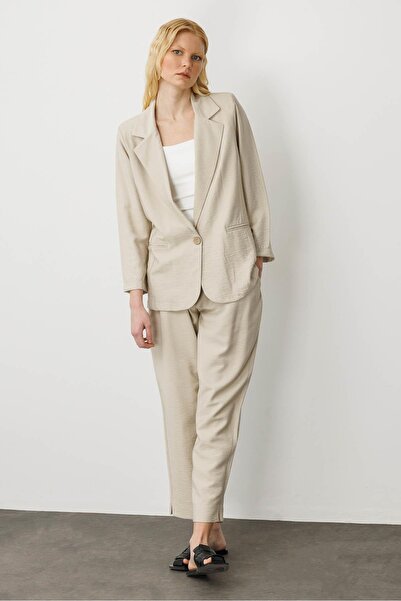 Desen Triko Women's Single Button Linen Jacket Beige