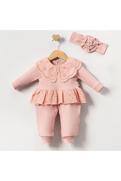COLORFULLCLİPS Rose Dried Fisto Collar Jumpsuit Bandana Set-0-3 months