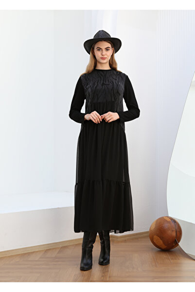 Gazella 43309 KOLLARI TRİKO ÖNÜ ŞİFON GÖĞÜS KISMI BASKILI ETEK UCU FIRFIRLI S...