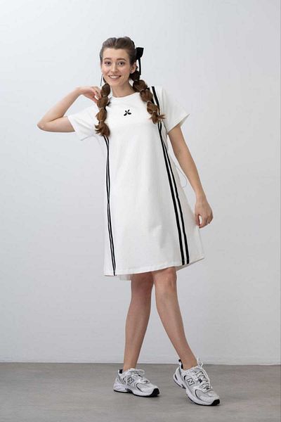 LOCO LOCO Girl's 9-15 Years Old Combed Cotton Dress with Stripe Detail - Wide Fit