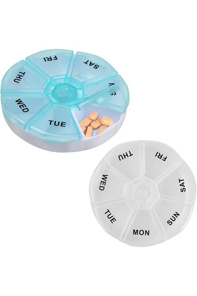 First Step Weekly Pill Organizer – 7-Day Round Box | BPA-Free, Snap-Lock Lid, Travel-Friendly