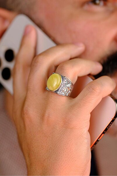 dergah tesbih Koleksiyonluk Usta El İşçiliği Damla Kehribar Taşlı Gümüş Yüzük