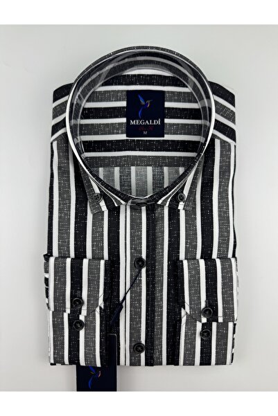 MEGALDİ Erkek Slim Fit Kesim Antresit Siyah Çizgili Uzun Kollu Gömlek