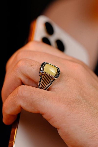 dergah tesbih Custom Made Drop Amber Design Silver Ring