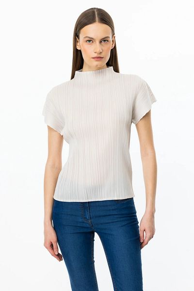 Ekol Accordion Fabric Stand Collar Blouse