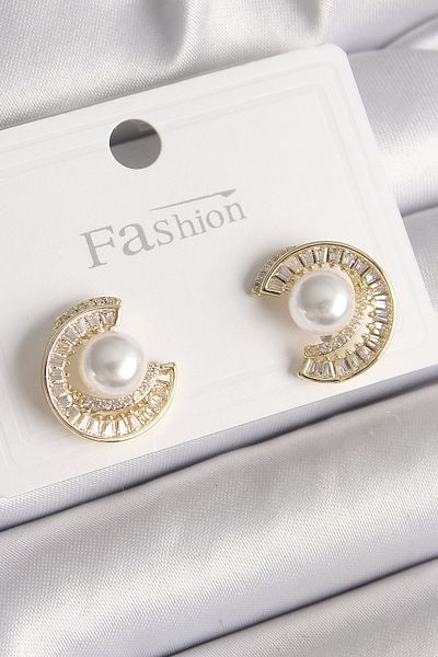 Skygo Brass Gold Color Zircon Stone Snail Model Pearl Detail Women's Earrings - Tj-Bkp9786