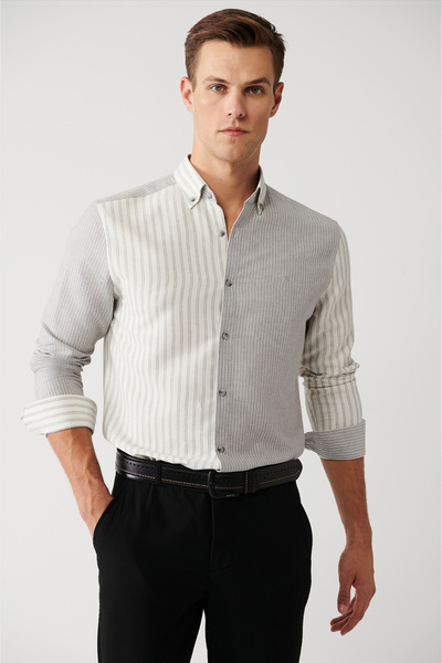 Avva Men's Gray Striped 100% Cotton Viscose Blend - Easy Ironing Shirt A32Y2174
