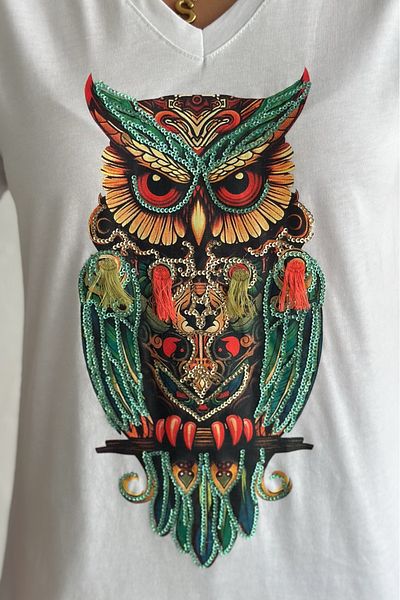 FEMELLE Tricou alb cu decolteu în V bufniță cu paiete brodat din bumbac 100%