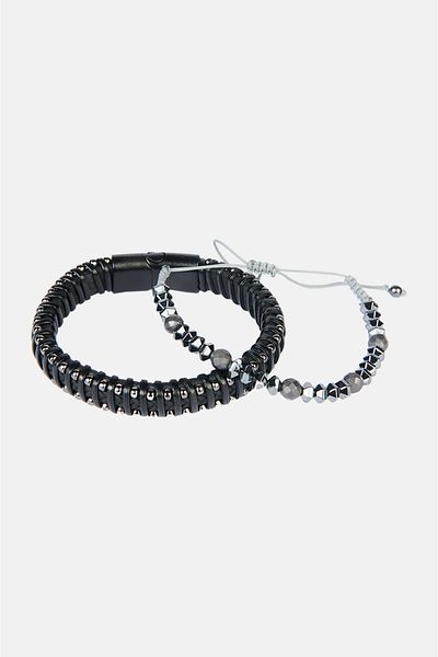 Avva Men's Black Leather and Jewelled 2-Piece Bracelet A32Y9611