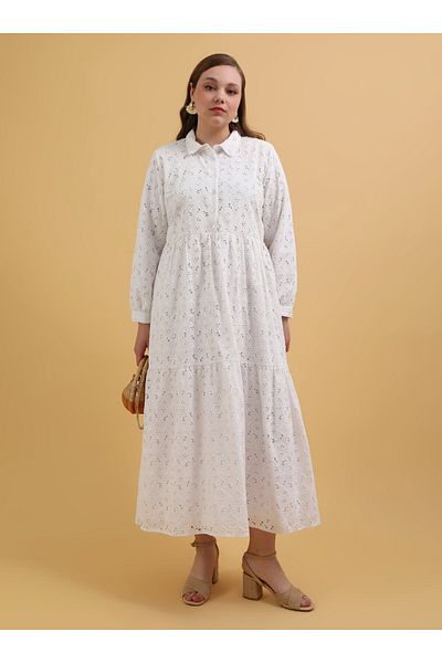 ALİA Alia Plus Size Κέντημα Φόρεμα Λευκό