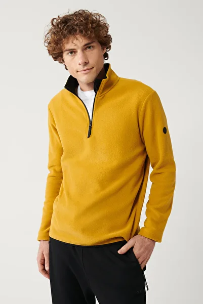 Avva Men's Mustard Cold Resistant Half Zipper Stand Collar Fleece Sweatshirt E 001068