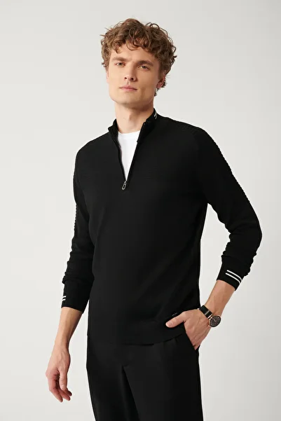 Avva Men's Black Stand Collar Textured Zippered Knitwear Sweater A32Y5083