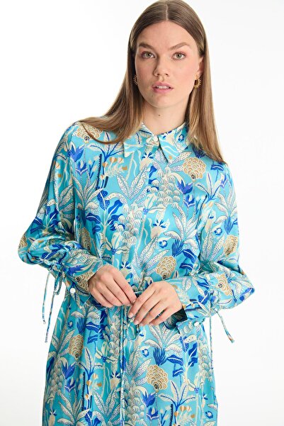 Zühre Patterned Shirt Collar Blue Tunic T-1585