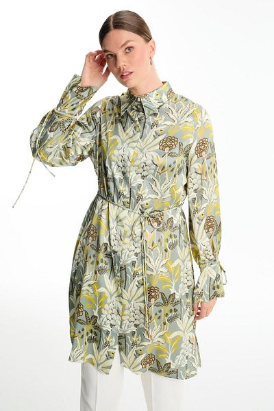Zühre Patterned Shirt Collar Green Tunic T-1585