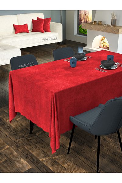 FAVOLLİ Velvet Textured Red Color Tablecloth