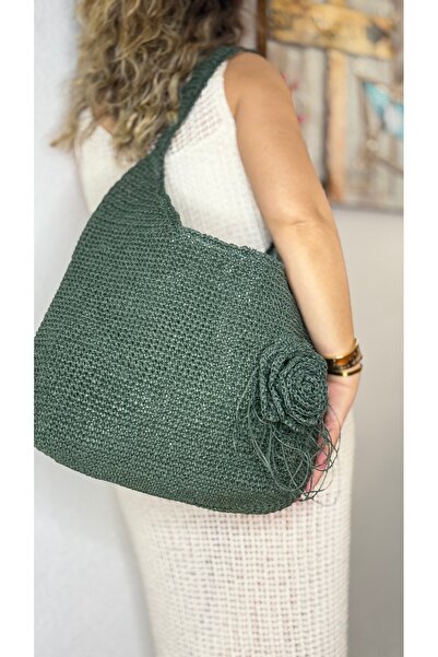 Tuvita Collection Bodrum Tamamen kağıt iple örülmüş el yapımı gül desenli yeşil mint kadın heybe kol omuz çantası