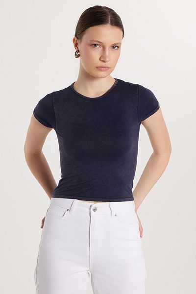 Tudors Women's Slim Fit Slim Fit Plain Basic Crew Neck Navy Blue T-Shirt