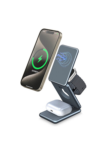 Wrapsol AirFlod 15W Wireless Kablosuz Şarj Standı Alüminyum Katlanabilir 3in1 iPhone-android-watch-airpods