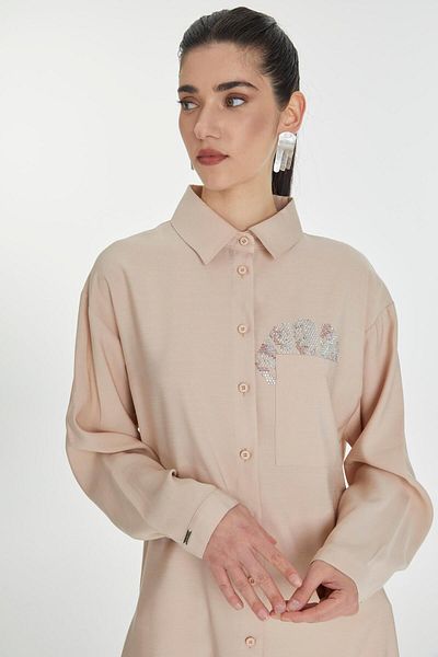 Zühre Shirt Collar Buttoned Pocket Detailed Beige Tunic T-1576