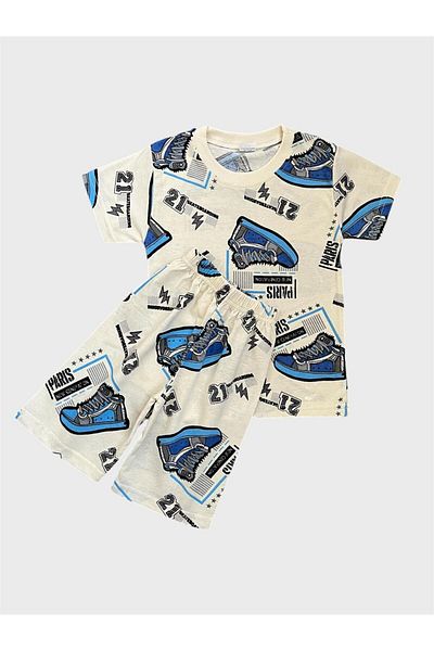 ALİŞ KİDS Boys' Cotton Cream Color Shoes Patterned Short Sleeve Shorts Summer Pajama Set