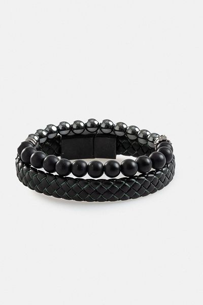 Avva Men's Black 2-Piece 100% Leather and Hematite Stone Bracelet A32y9621