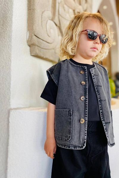 Motebarn Wear Boy's La'Ciel Paris Oversize Jean-T-Shirt- Vest 3-Piece Top and Bottom Set Black