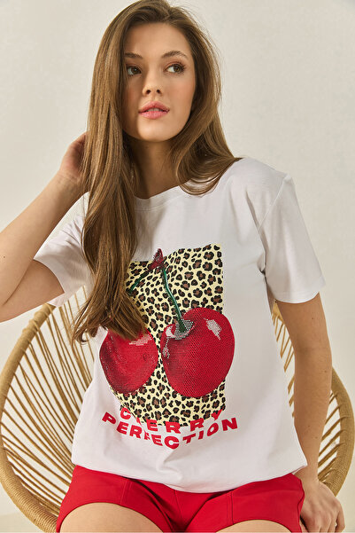 Bianco Lucci Γυναικείο μπλουζάκι Cherry Leopard με στάμπα με πέτρα με λεπτομέρεια κανονική εφαρμογή 4140 60283299