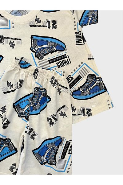 ALİŞ KİDS Boys' Cotton Cream Color Shoes Patterned Short Sleeve Shorts Summer Pajama Set