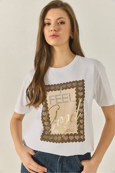 Bianco Lucci Women's Foil Printed Stone Detailed Short Sleeve Crew Neck Cotton T-Shirt 60283309