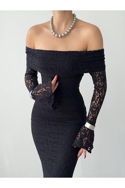 mavi pencere Balcony Lace, Black Midi Dress with Slit Detail, Evening Dress, Graduation, Engagement, Wedding