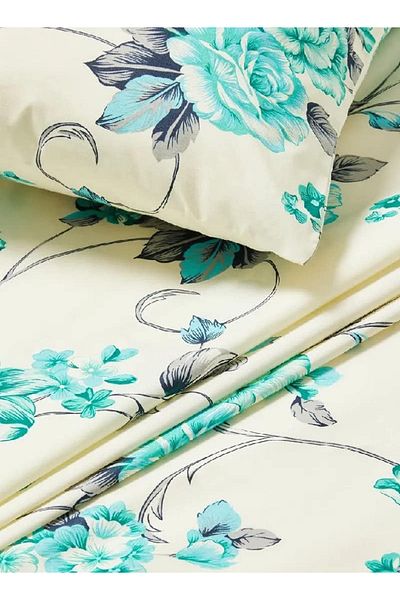 RISHAHOME 2-Piece Single 180 TC Cotton Bedsheet Set – Floral Print, 1 Bedsheet + 1 Pillowcase, White/Blue/Grey