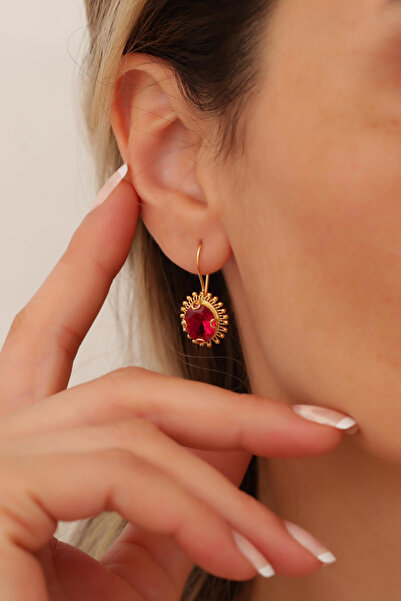 Bayar Gold 14 Ayar Altın Kırmızı Taşlı Güneş Küpe