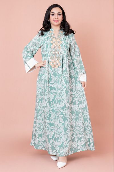 IKKXA Embroidered Leaf Print Jalabiya