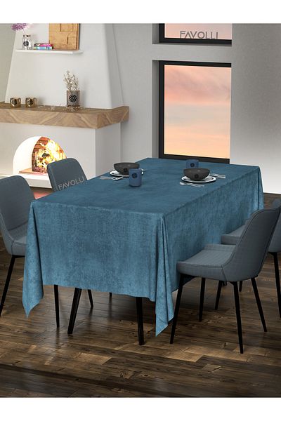 FAVOLLİ Velvet Textured Deep Blue Color Tablecloth