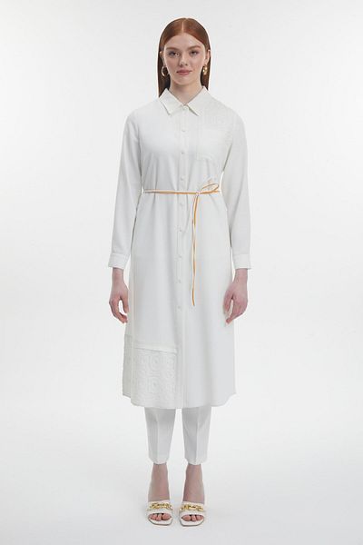 Zühre Shirt Collar Lace Detailed Ecru Long Tunic T-1451
