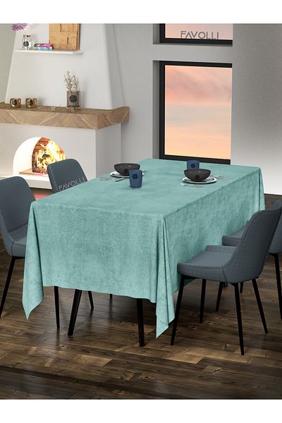 FAVOLLİ Velvet Textured Fog Blue Tablecloth