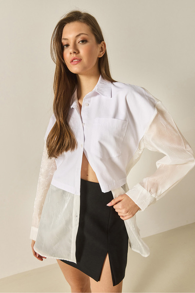 Bianco Lucci Women's Organza Tulle Detailed Oversize Shirt 60502 60283263