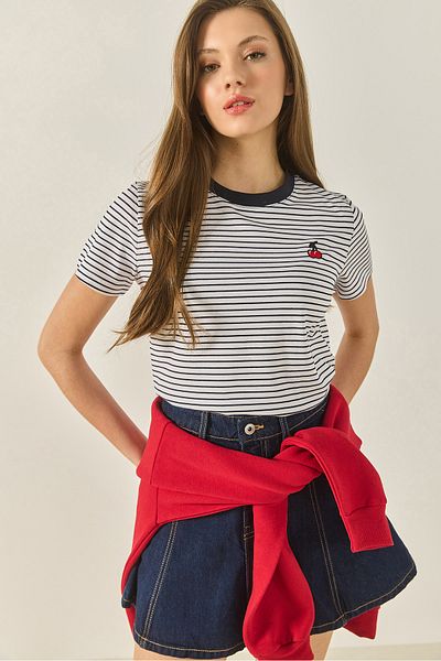 Bianco Lucci Women's Cherry Embroidered Striped Cotton Basic T-Shirt 10415 60283305