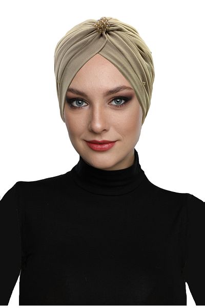 fidan bone Βραδινό φόρεμα Hijab με κρυστάλλινο τούλι με επένδυση μπεζ έτοιμο τουρμπάνι Bone Fdn2016-212